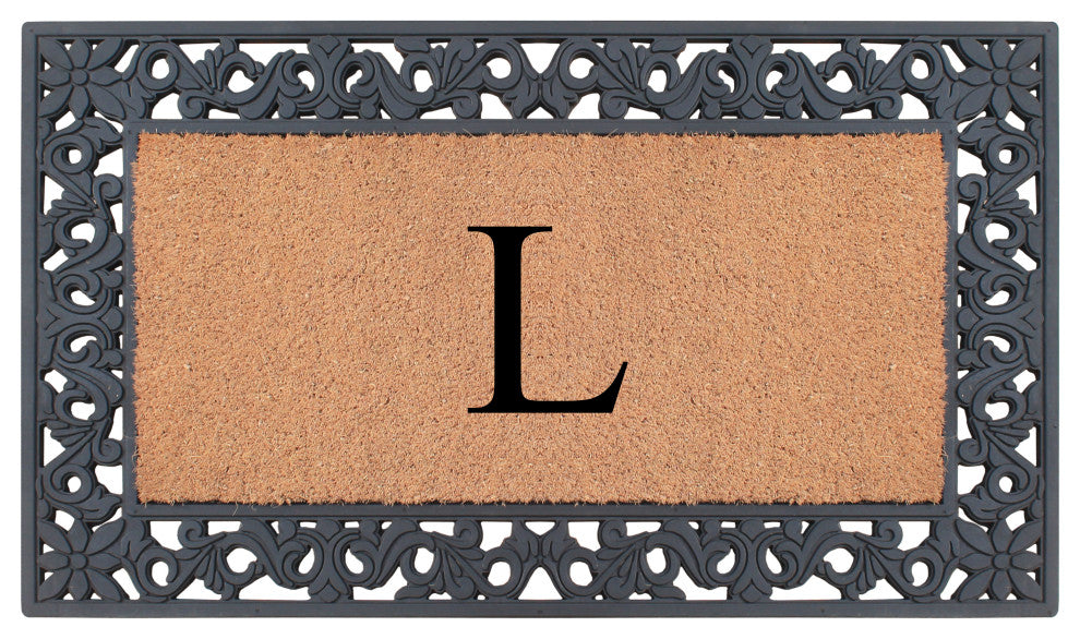 A1HC Rubber & Coir Floral Outdoor Durable Monogram Doormat 18"x30", Black, L