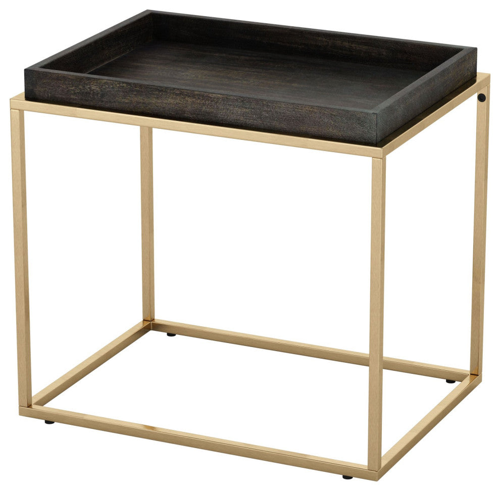 Sofa Side Table, Rectangular, Aluminum, Metal, Wood, Black, Brass, Hospitality