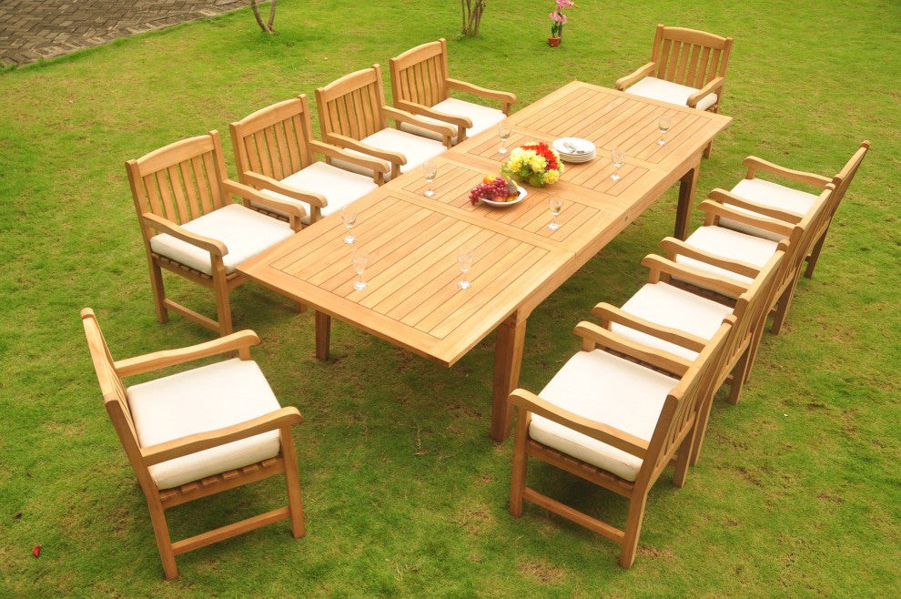 11-Piece Outdoor Teak Dining Set, 122" Extension Table, 10 Devon Arm Chairs