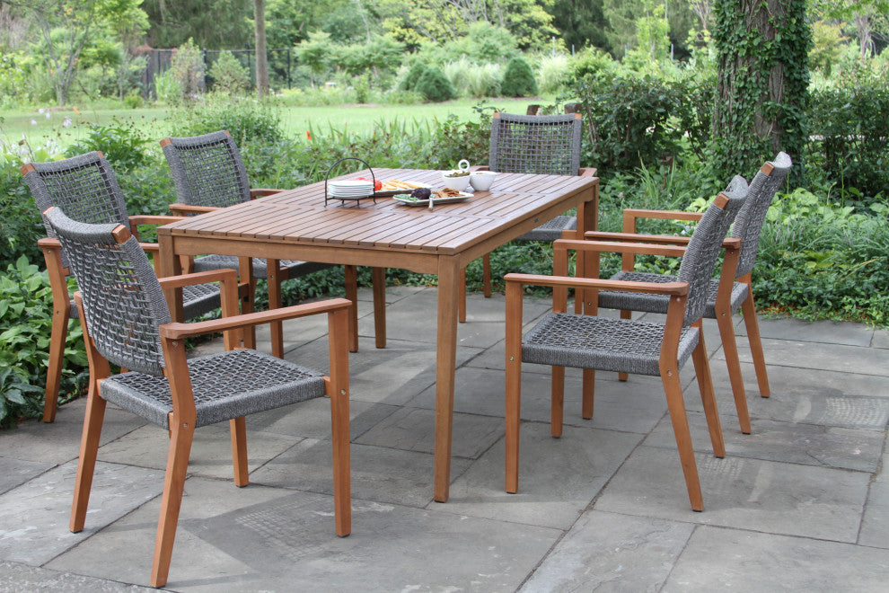 7-Piece Eucalyptus Dining Set With Stacking Rope Dining Chairs