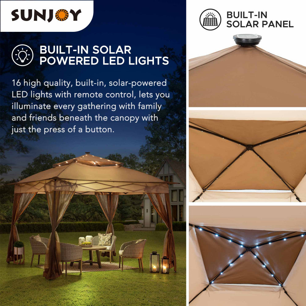 Sunjoy 11 x 11 ft Patio Pop Up Portable Gazebo with Solar LED Lighting