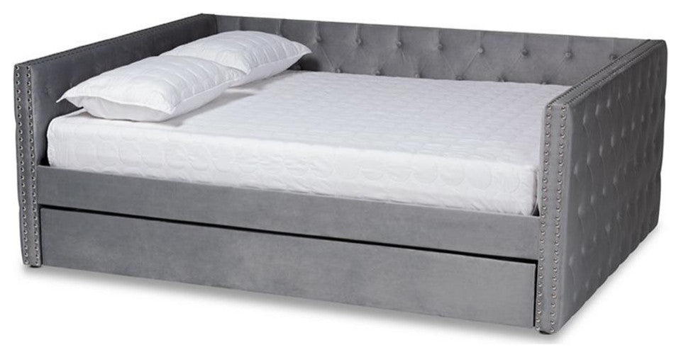 Bowery Hill Grey Velvet Upholstered Queen Size Daybed with Trundle