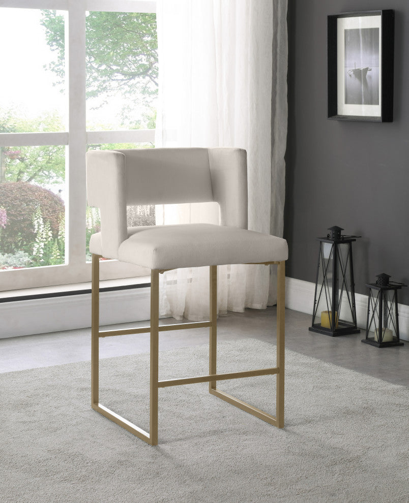 Caleb Upholstered Counter Stool, Set of 2, Cream, Velvet, Brushed Gold
