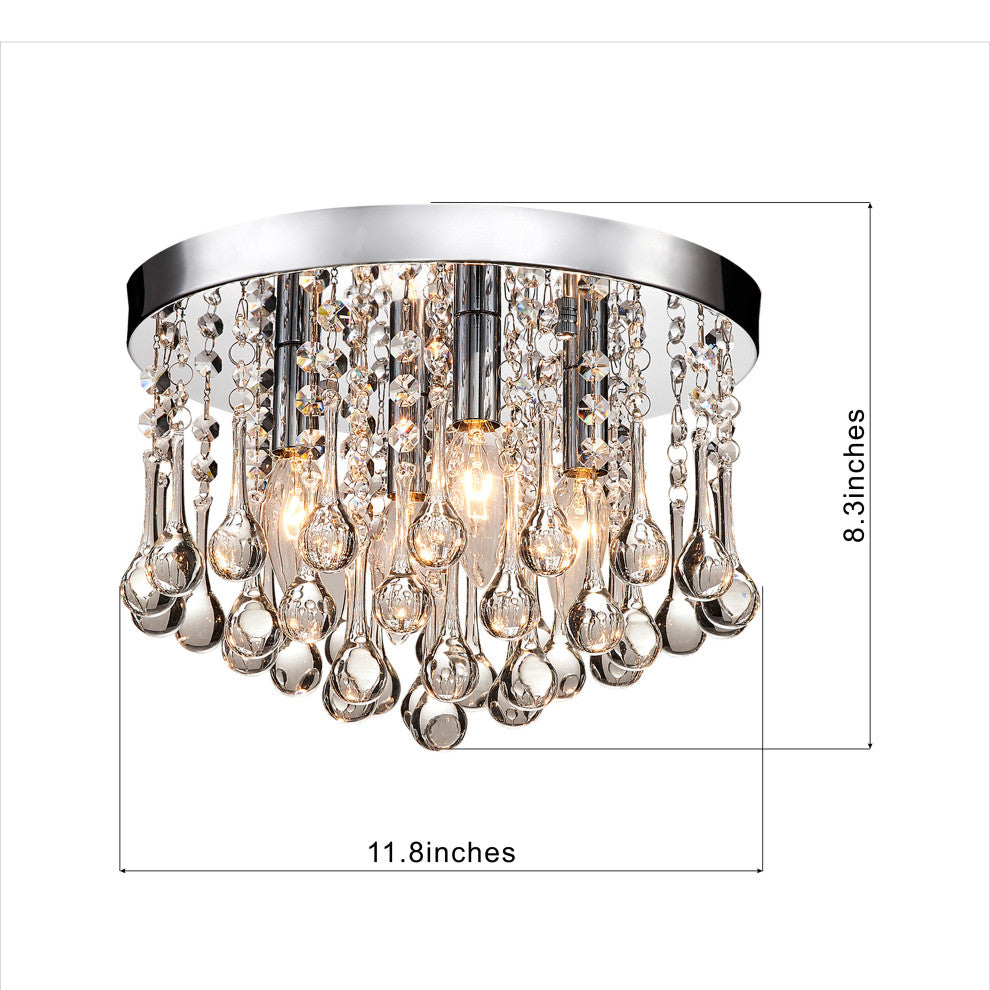 Bella 4-Light Chrome Finish Flush Mount With Clear Crystal Drops