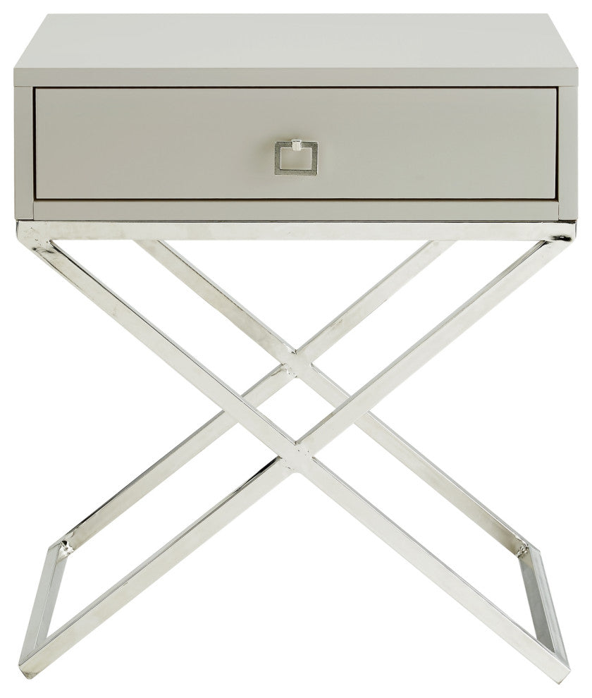 Katie Square Lacquer-Finish X-Metal Leg Nightstand, Light Grey Chrome