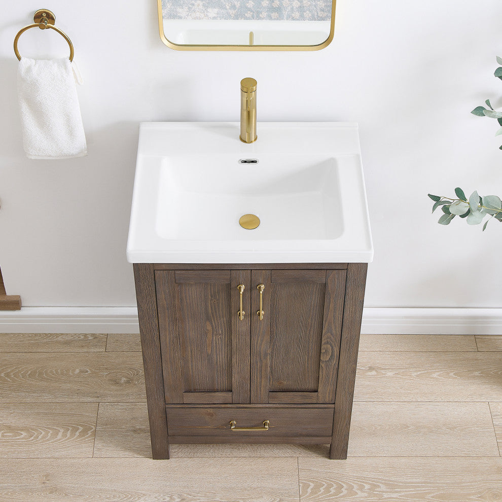 Gela Single Bath Vanity with Ceramic Basin Top, Spruce Vintage Brown, 24", No Mirror