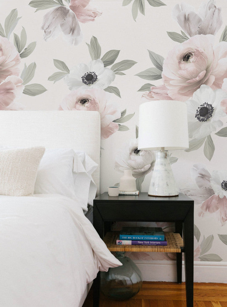 Floral Mural Wall Art Peel and Stick Vinyl Wallpaper, Spring Pink Green, 24"w X 96"h