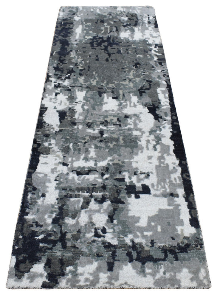 Eerie Black Abstract Design Wool and Silk Hand Knotted Runner Rug 2'6"x7'7"