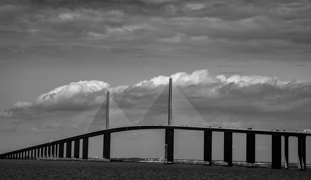 Skyway Bridge Black & White Landscape Photo Canvas Wall Art Print, 16" X 20"