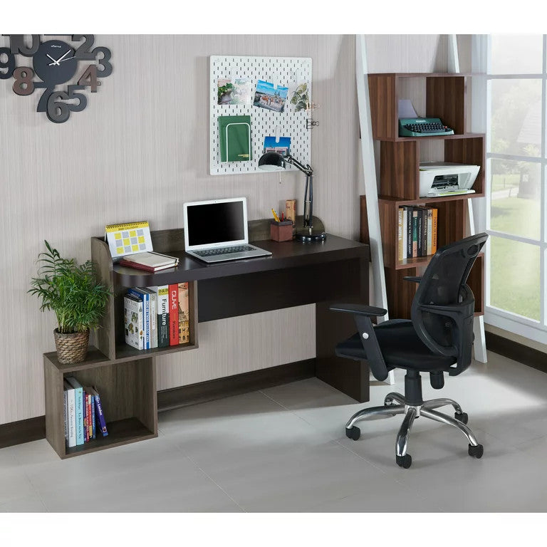 Modern Desk, Unique Design With Large Worktop & 2 Open Cubbies, Walnut Brown