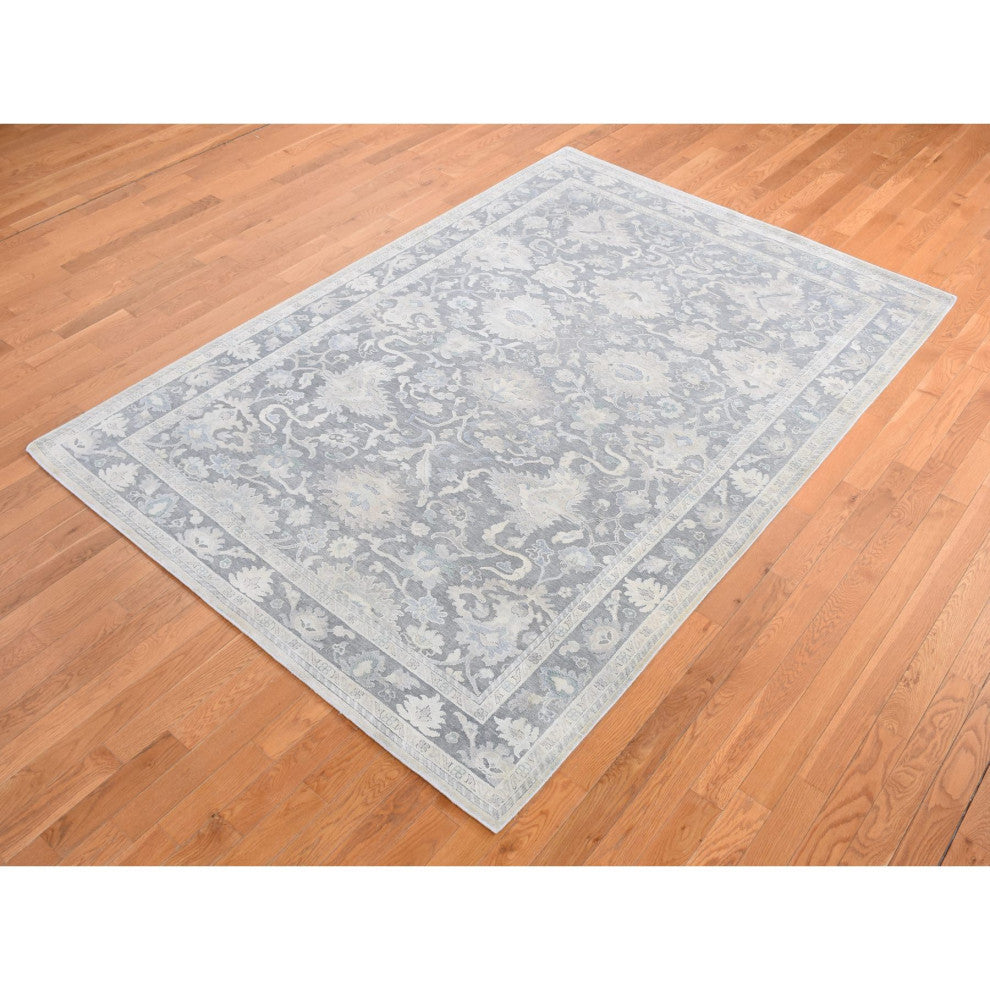 Battleship Gray Hand Knotted Oushak Influence Pure Silk and Wool Rug 6'1"x8'9"