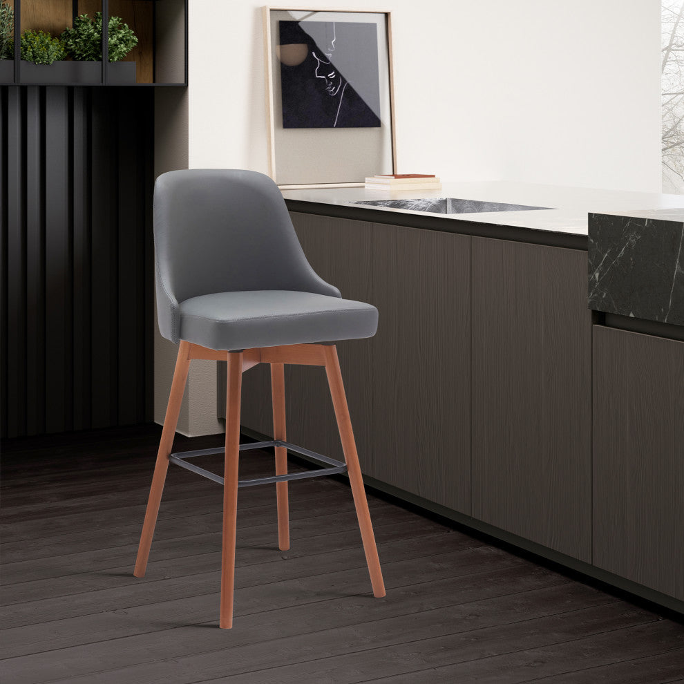 Sicily 26" Swivel Walnut Wood Counter Stool, Gray Faux Leather, 30