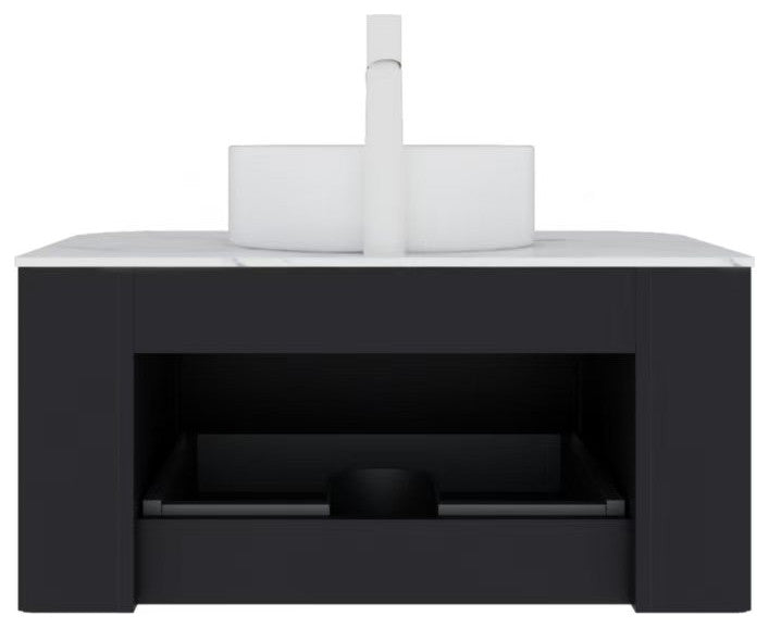 Wall-Mounted Bathroom Vanity With White Round Ceramic Basin, Black, 30"
