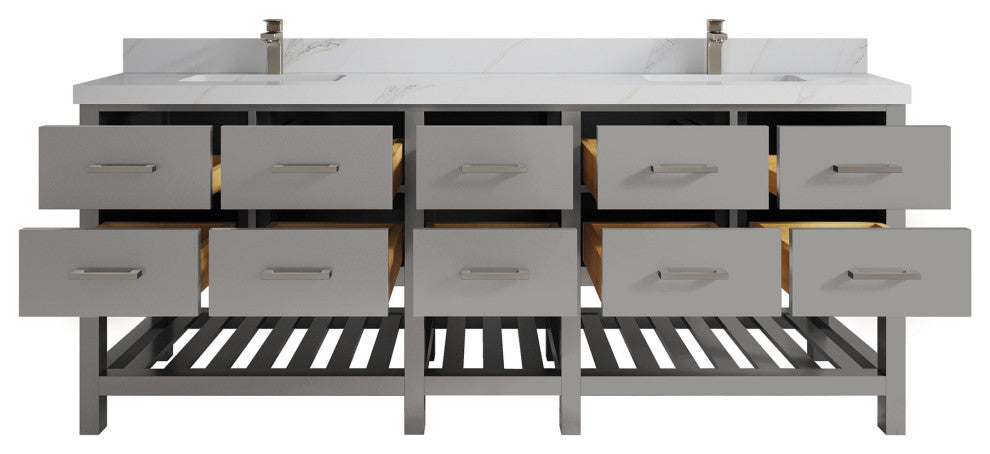 Parker 84" Double Sink Bath Vanity, Elephant Skin Gray 2" Calacatta Sienna