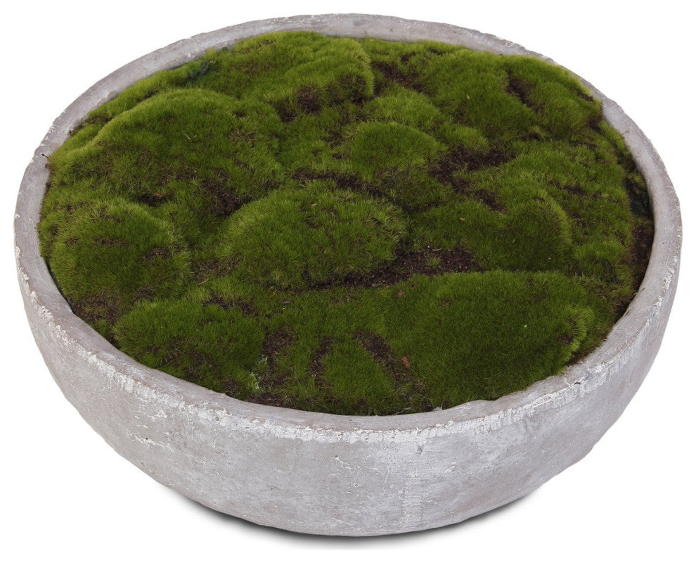 Artificial Fake Moss Arrangement, Round Stone Wash Cement Bowl