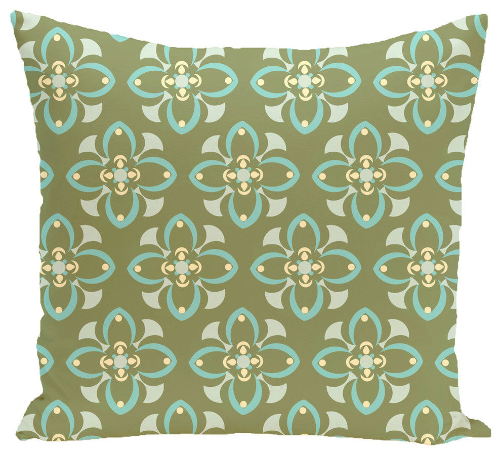 Trumpet Flower Geometric Print Pillow, Olive, 16"x16"
