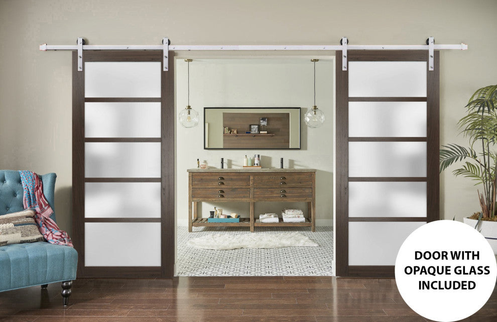 Double Barn Door 48 x 96 Frosted Glass, Quadro 4002 Chocolate Ash, Silver 13FT