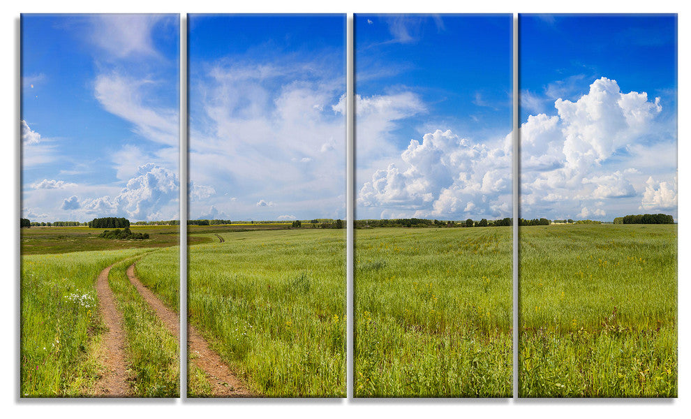 Road in Field with Green Grass, Landscape Canvas Art Print, 48"x28", 4 Panels