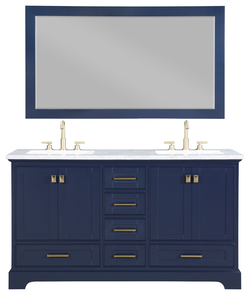60" W Double Freestanding Bath Vanity, Blue With White Marble Top
