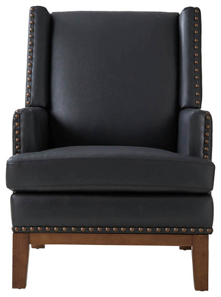 30"W Mid-Century Style Genuine Leather Armchair With Solid Wood Frame, Black