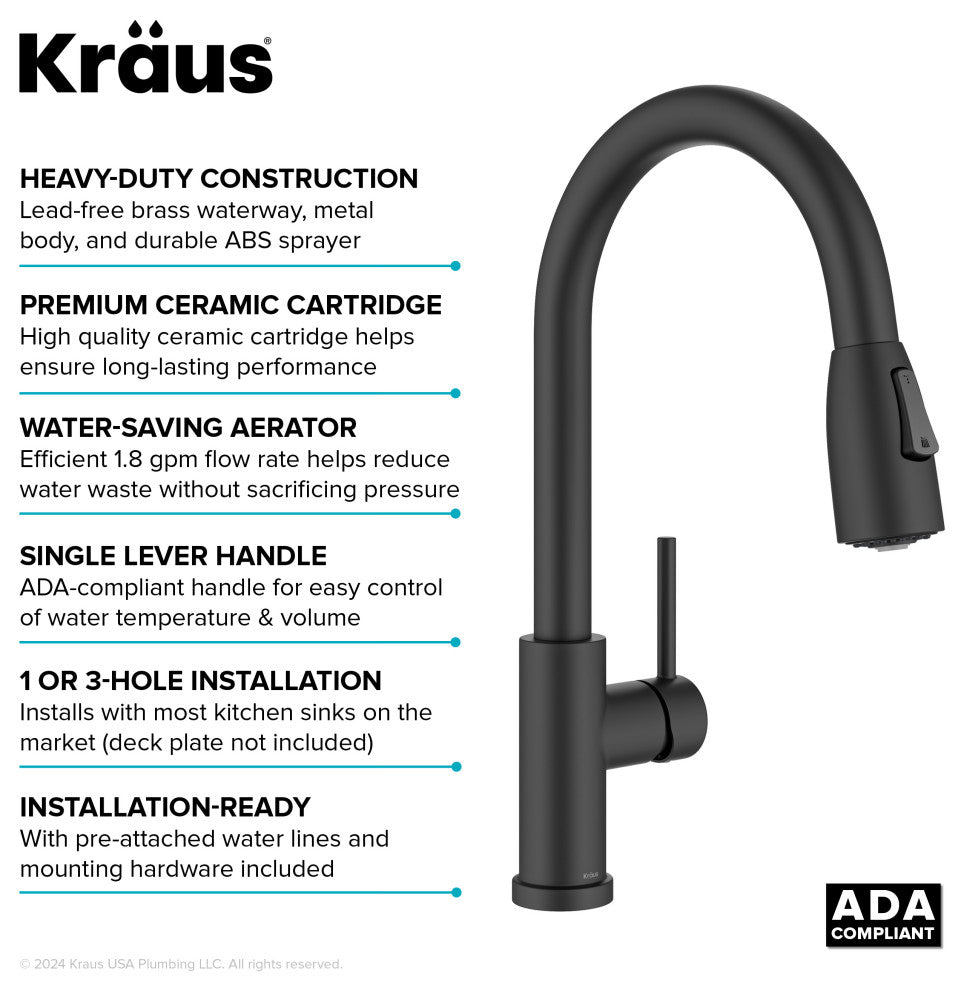 KRAUS Coda 2-Function 1-Handle Pull Down Kitchen Faucet Matte Black