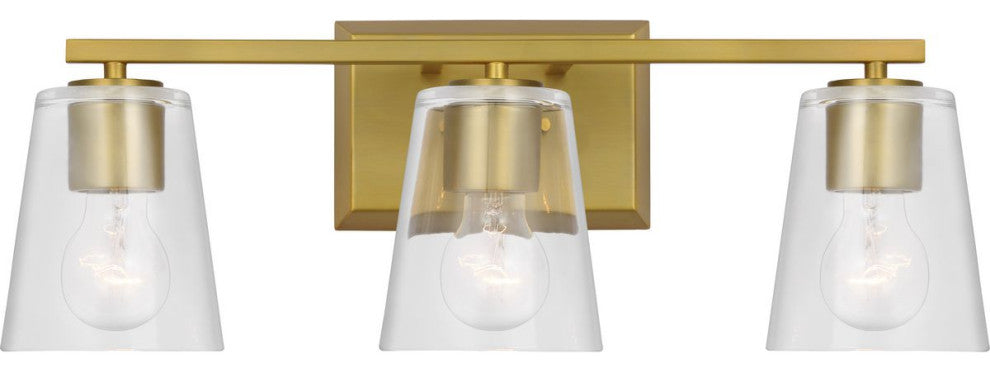 Vertex Collection Three-Light Brushed Gold Clear Glass Contemporary Bath Light