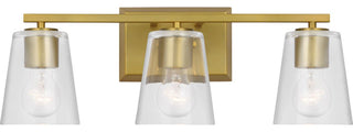 Vertex Collection Three-Light Brushed Gold Clear Glass Contemporary Bath Light