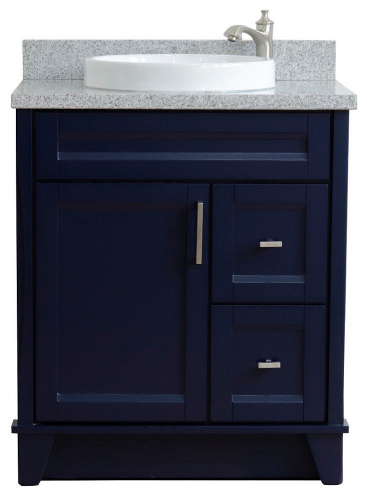31" Single Sink Vanity, Blue Finish With Gray Granite With Round Sink