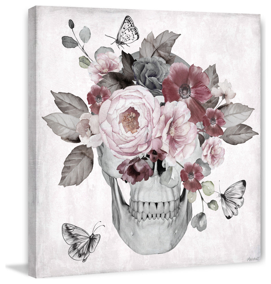 "Skull and Pink Peonies" Painting Print on Wrapped Canvas, 18x18