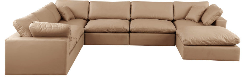 Comfy Upholstered U-Shaped Modular Sectional, Tan, 7-Piece: 3 Armless Chair, 3 Corner Chair, 1 Ottoman, Vegan Leather