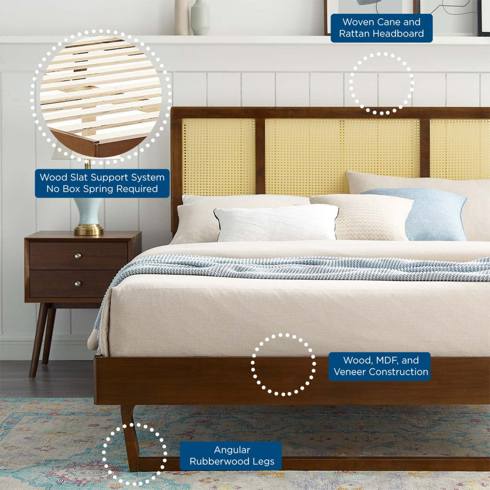 Kelsea Cane and Wood King Platform Bed With Angular Legs Walnut