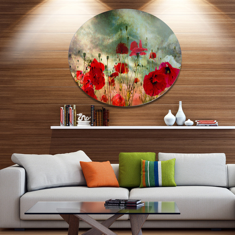 Wild Red Poppy Flowers In Sky, Floral Disc Metal Wall Art, 11"