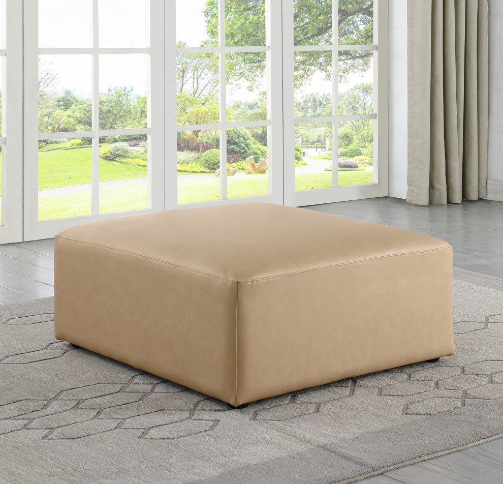 Cube Upholstered Modular Component, Tan, Vegan Leather, Ottoman