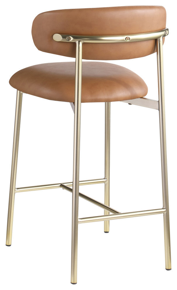 Lupita Upholstered Counter Stool, Cognac, Vegan Leather, Brushed Gold, Set of 2