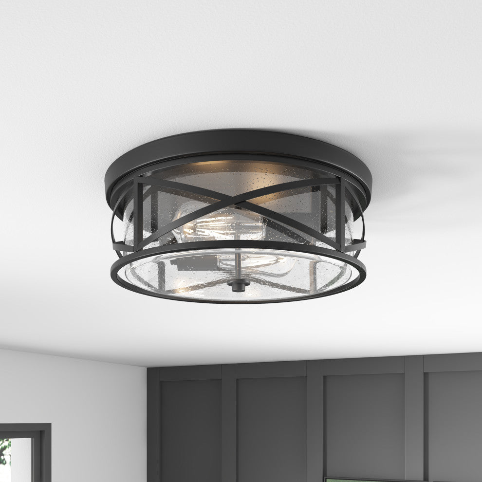 Farmhouse 2-Light Flush Mount Close to Ceiling Light with Seeded Glass Shade