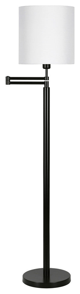 62" Black Swing Arm Floor Lamp With White Frosted Glass Drum Shade