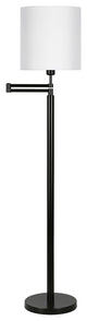 62" Black Swing Arm Floor Lamp With White Frosted Glass Drum Shade