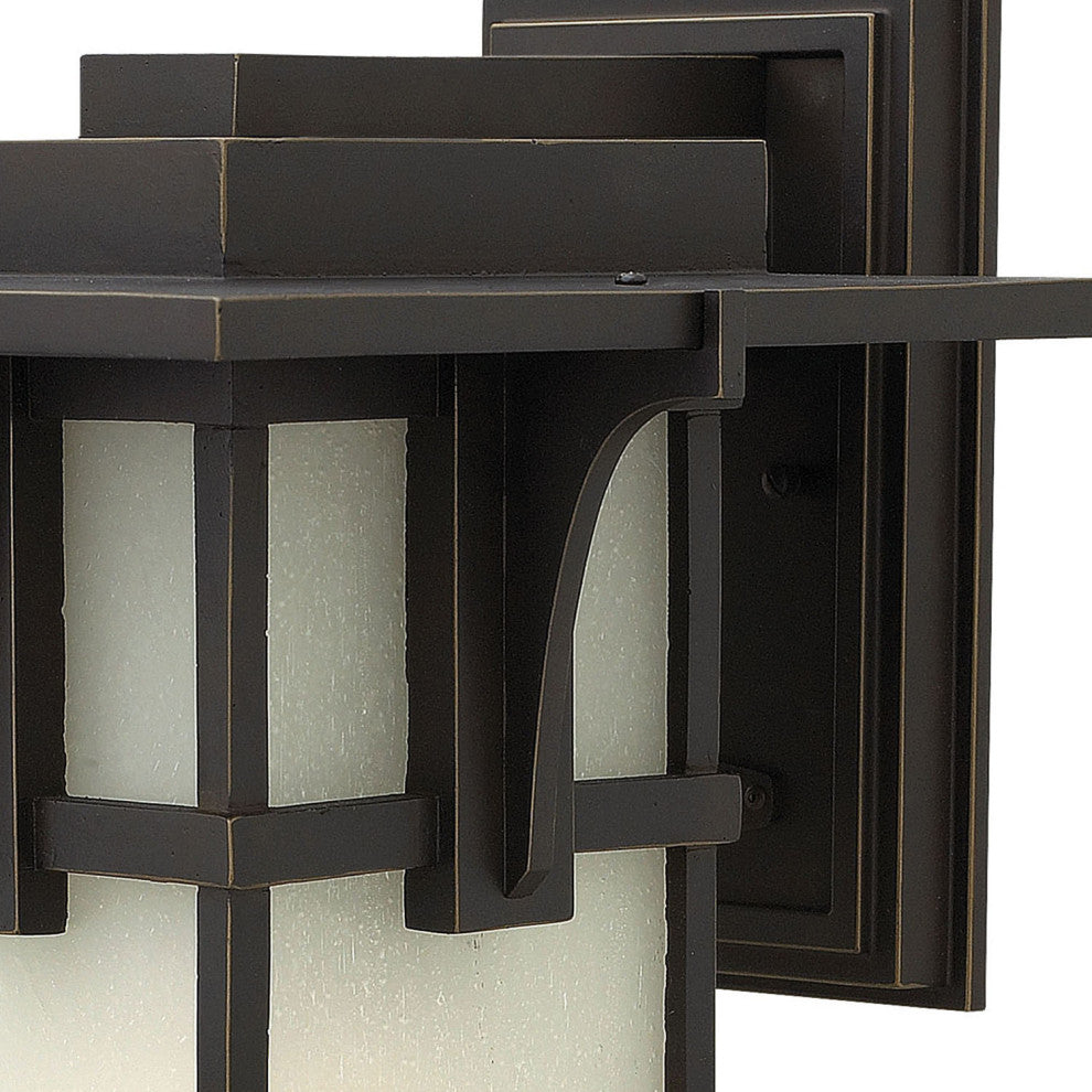 Manhattan Large Outdoor Wall Sconce, Oil Rubbed Bronze With Etched Seedy Glass