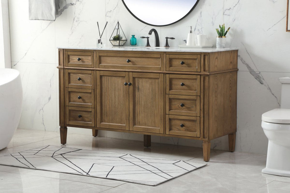 Home Living Vanity with Carrara White Marble Countertop, Driftwood, 60", Single Sink