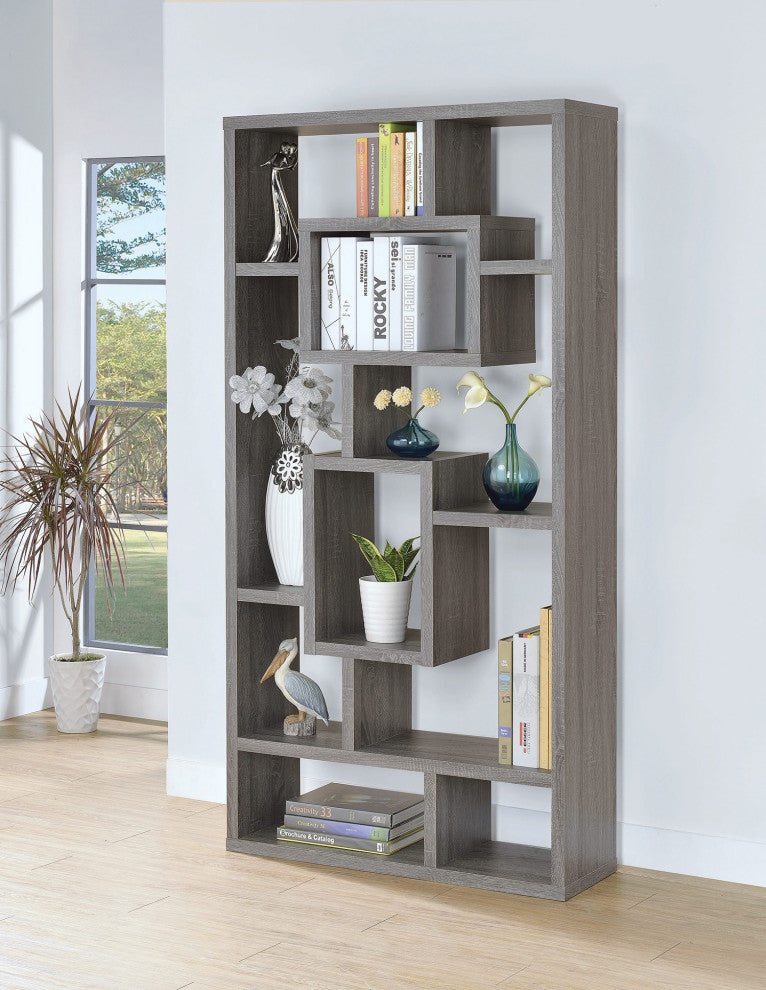 10-Shelf Wood Bookcase, Weathered Gray