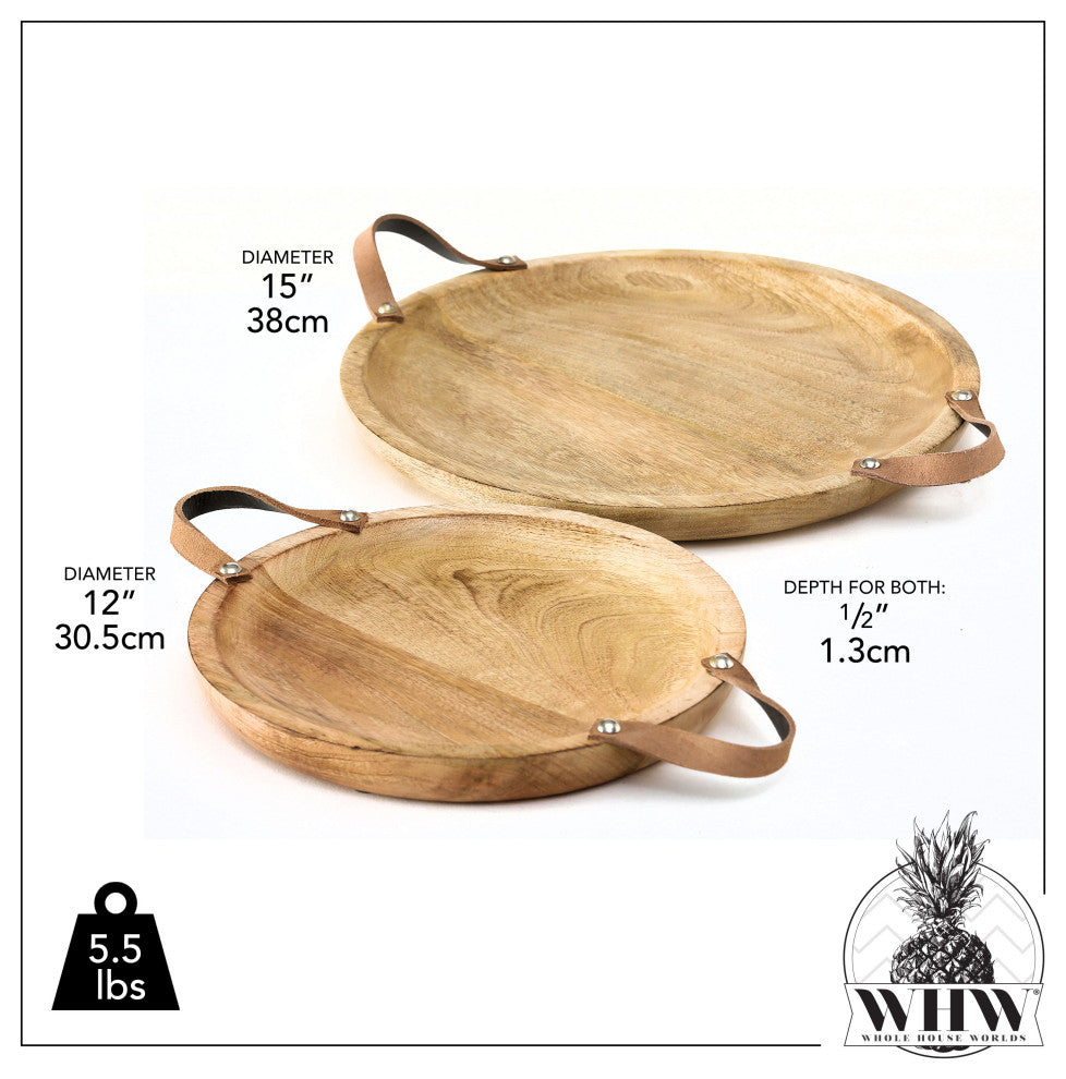 2 Piece Mango Round Board Servers with Leather Handles