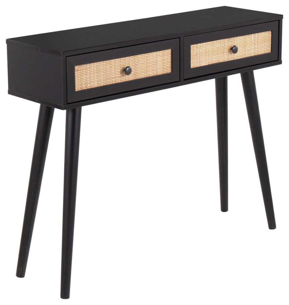 Bora Bora Contemporary Console Table, Black Wood With Rattan Accents