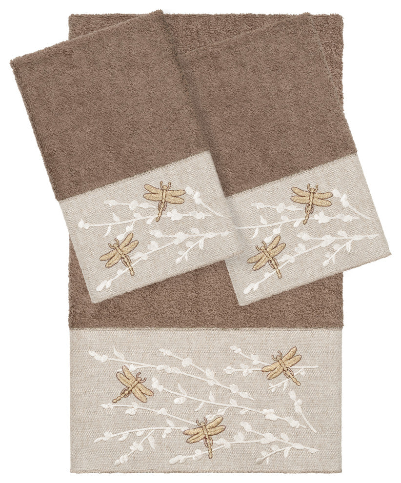 Linum Home Textiles Turkish Cotton Braelyn 3-Piece Embellished Towel Set, Latte