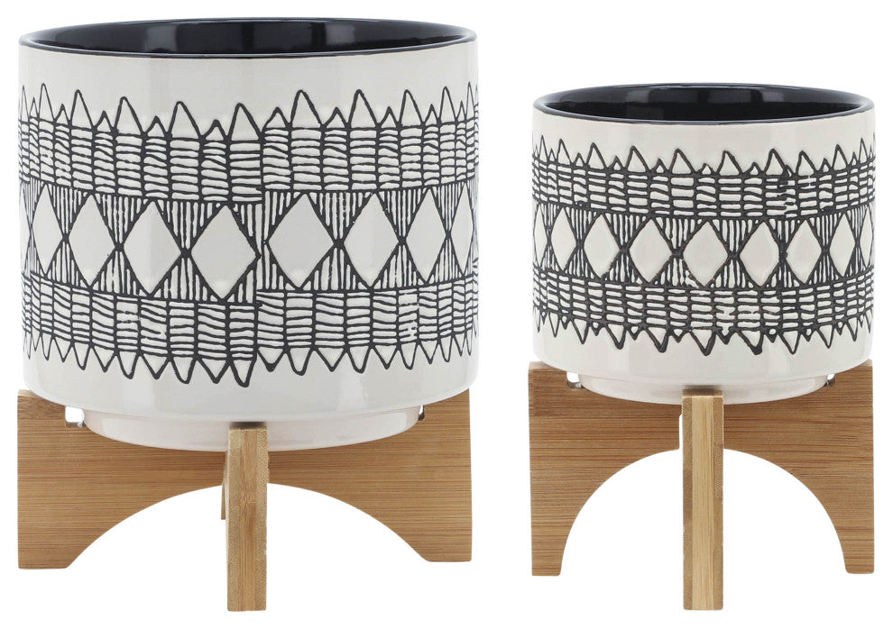 Cer 2-Piece Set Aztec Planter On Wooden Stand, Gray