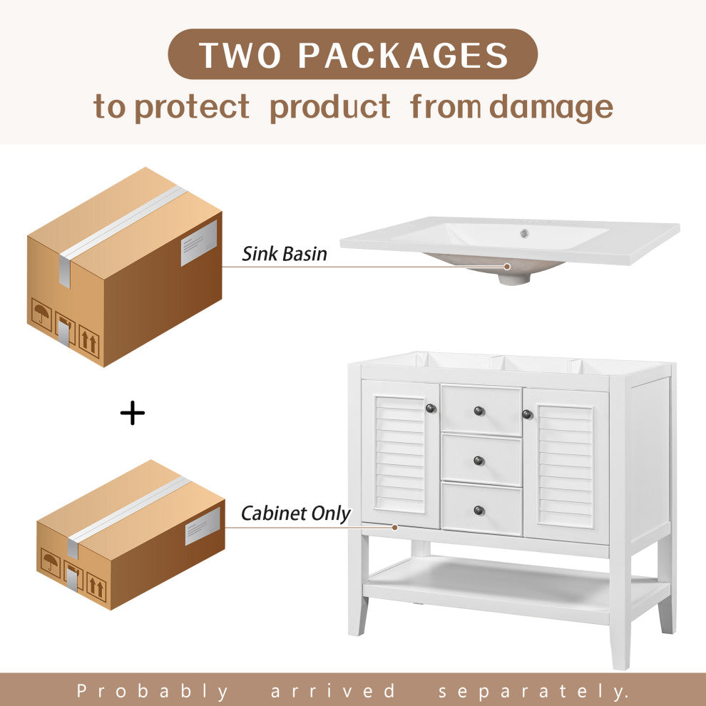 36" Freestanding Bath Vanity Set, Integrated Ceramic Sink, White
