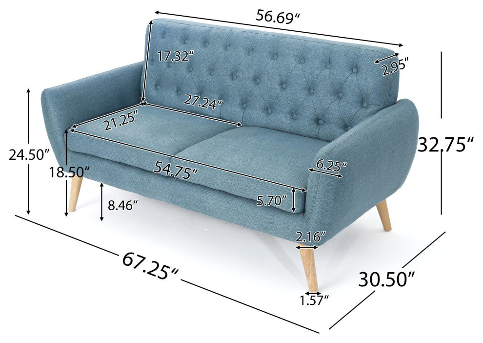 GDF Studio Eunice Petite Mid Century Modern Tufted Fabric Sofa, Blue