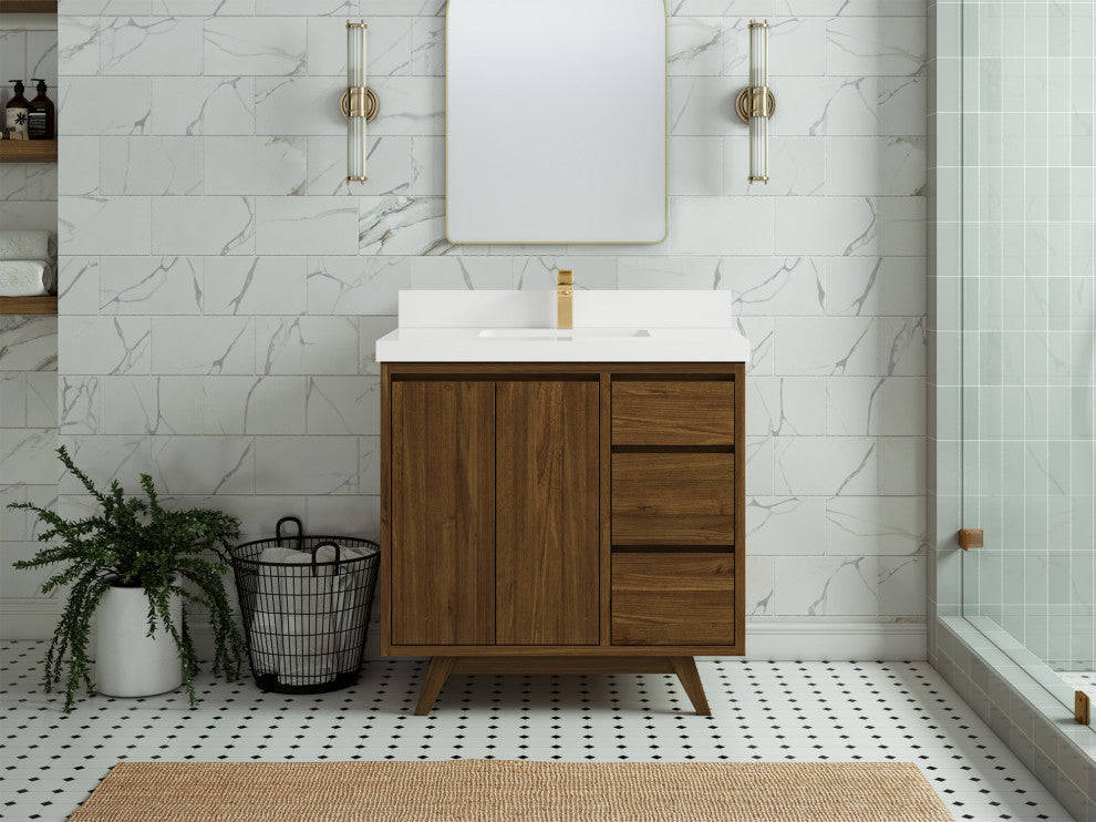 Madison Teak 36 Center Sink Bath Vanity in Dark Natural 2" White Quartz
