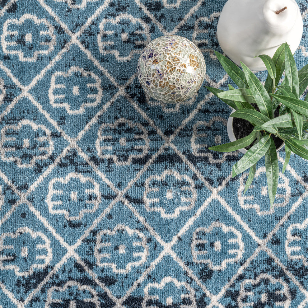 Nuloom Prestyn Machine Washable Faded Tribal Trellis Area Rug, Aqua 6'7"x9'