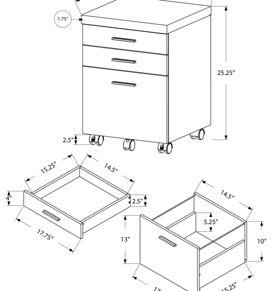 17.75" X 18.25" X 25.25" White Black Particle Board 3 Drawers  Filing Cabinet