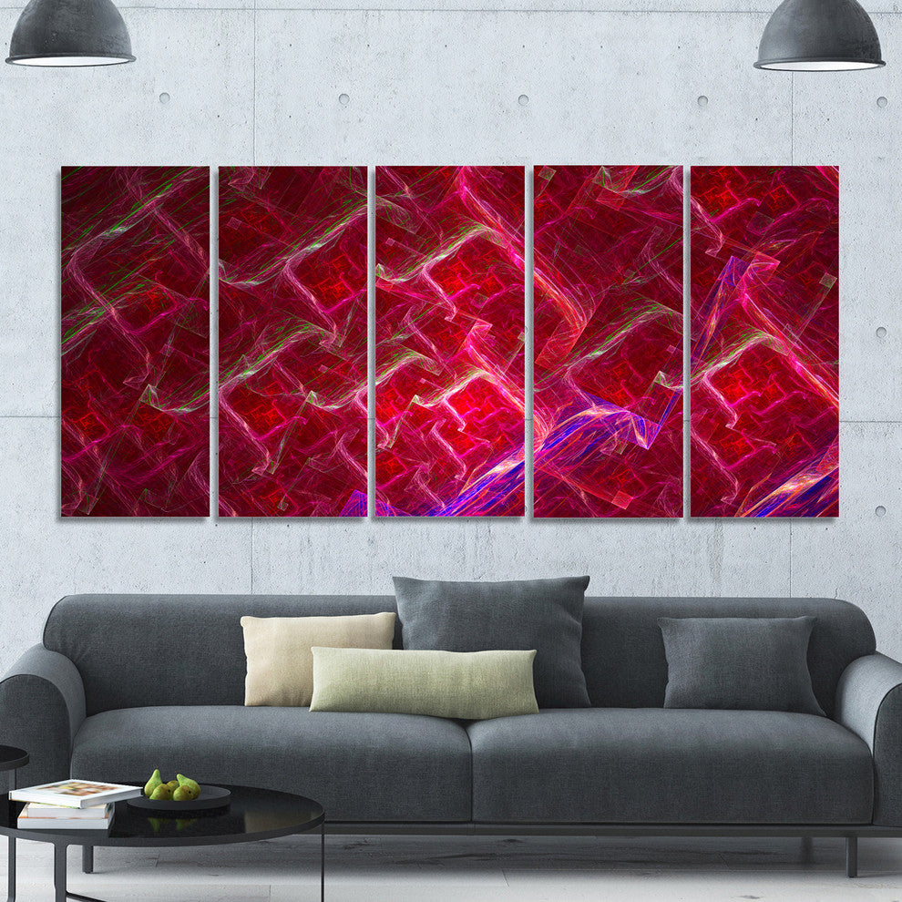 Red Fractal Electric Lightning, Abstract Art on Canvas, 60"x28", 5 Panels
